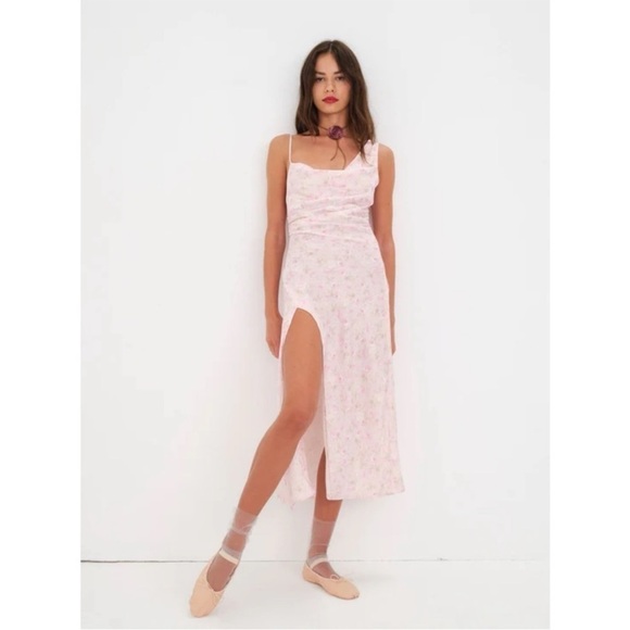 NEW! For Love and Lemon- Baby Pink Floral Ilana Midi Dress With Slit Thigh Large - Picture 9 of 12